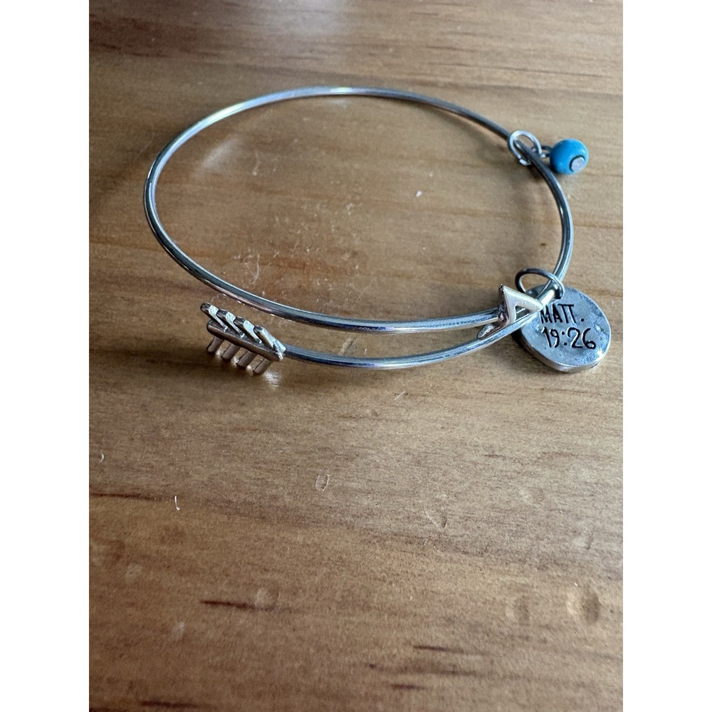 Wire Bangle Charm Bracelet Silver w/ Matt. 19:26 Disc, Arrow Dangle, Blue Bead - Picture 3 of 3